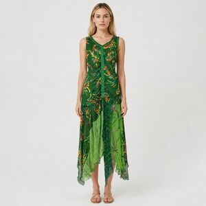 Vintage Paul Ropp Silk Maxi Dress Green Tropical Floral Handkerchief Hem Fairy 4